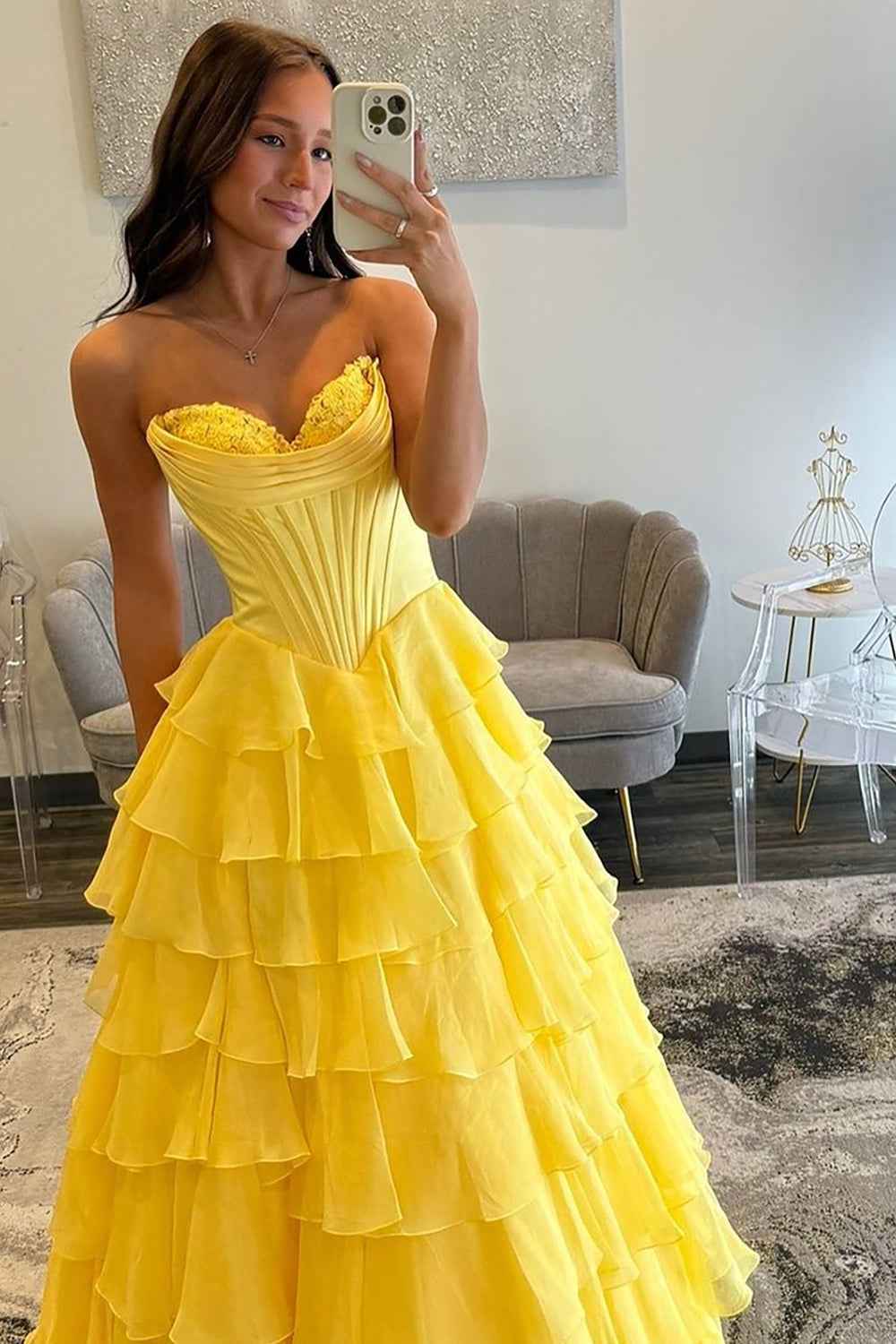 Blue Sweetheart Ruffled Long Corset Prom Dress with Slit