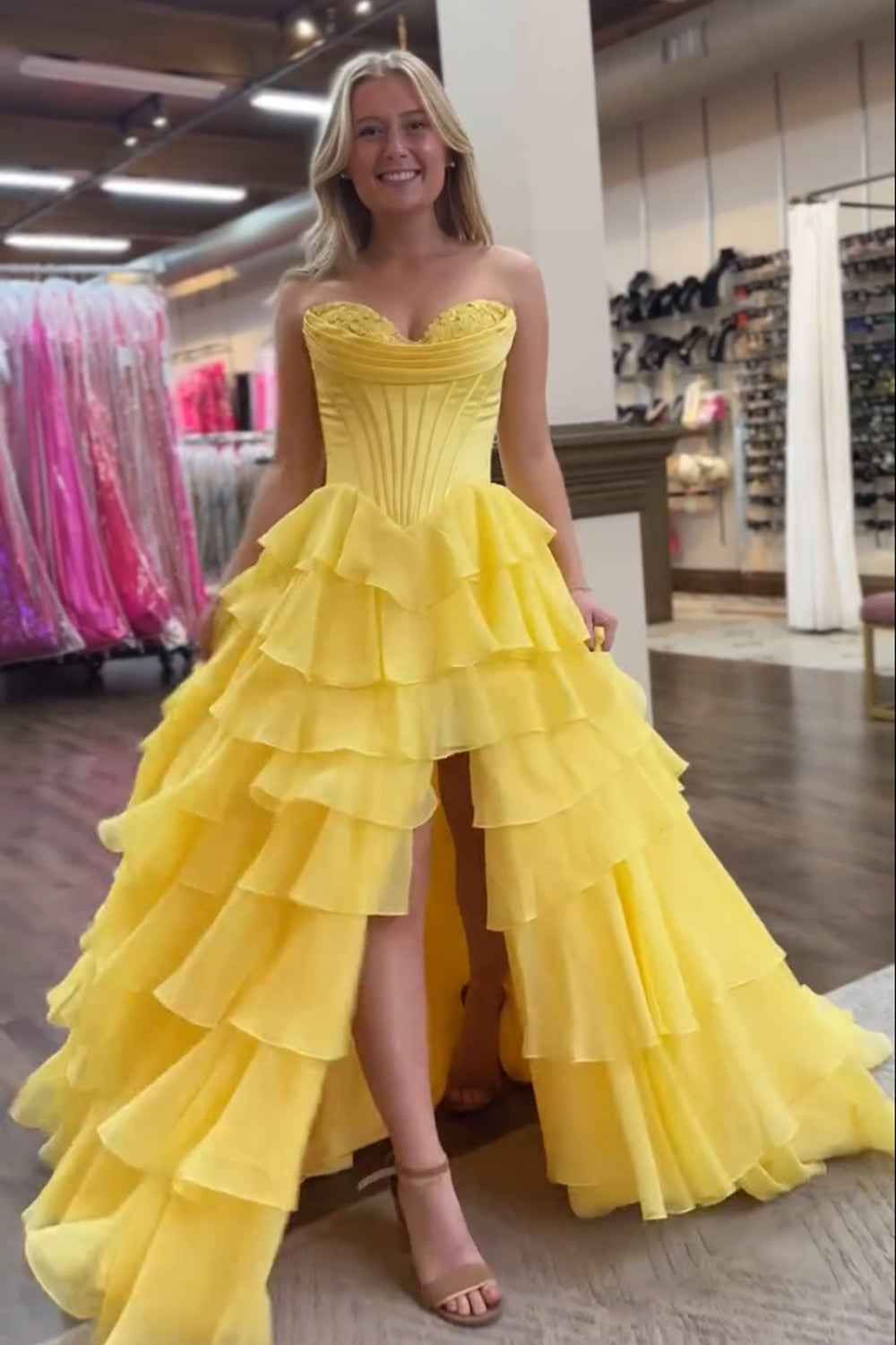 Yellow Princess Sweetheart Chiffon Ruffled Long Corset Prom Dress with Slit