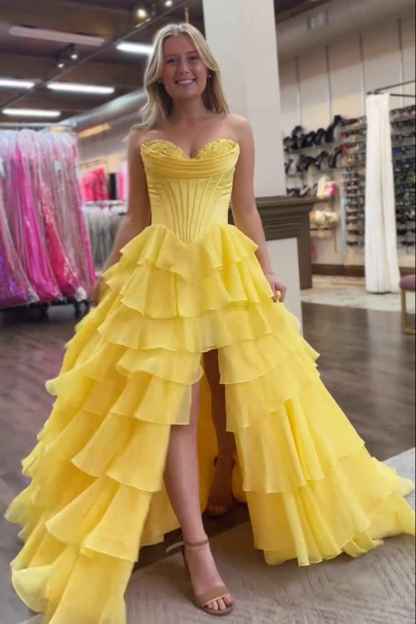 Yellow Princess Sweetheart Chiffon Ruffled Long Corset Prom Dress with Slit