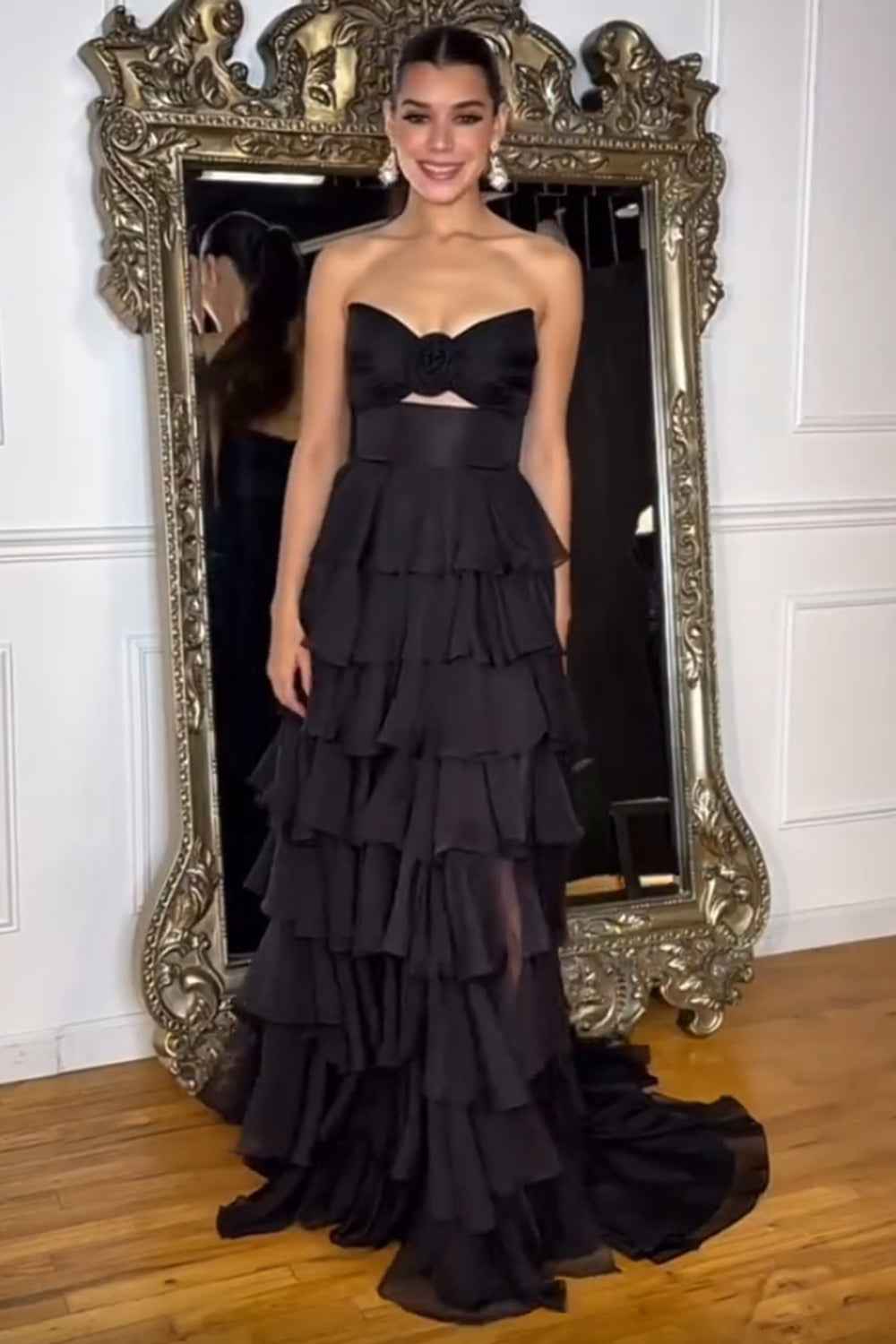 Black Sweetheart Chiffon A-Line Tiered Long Prom Dress with Slit