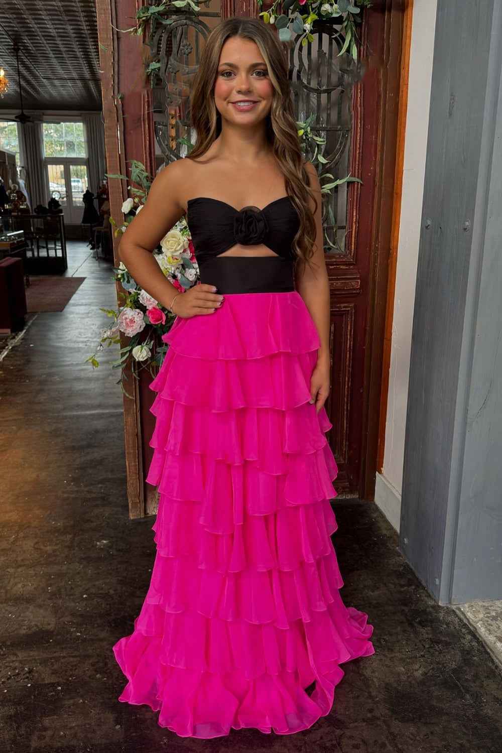 Black Sweetheart Chiffon A-Line Tiered Long Prom Dress with Slit