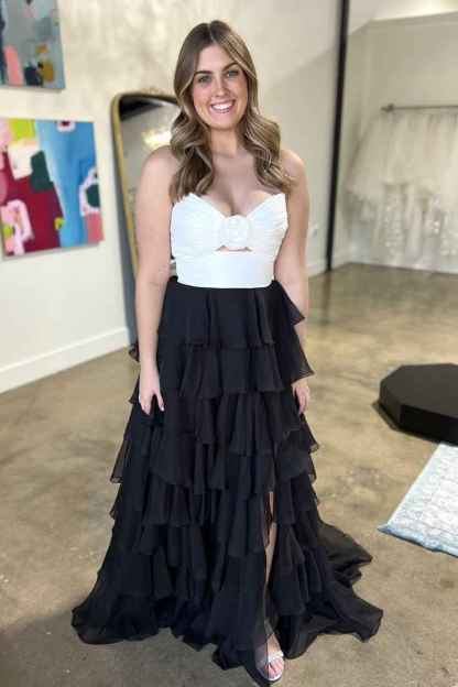 Black Sweetheart Chiffon A-Line Tiered Long Prom Dress with Slit