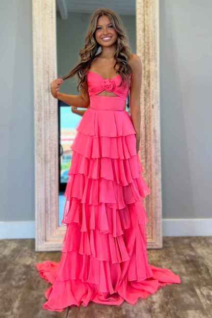 Black Sweetheart Chiffon A-Line Tiered Long Prom Dress with Slit