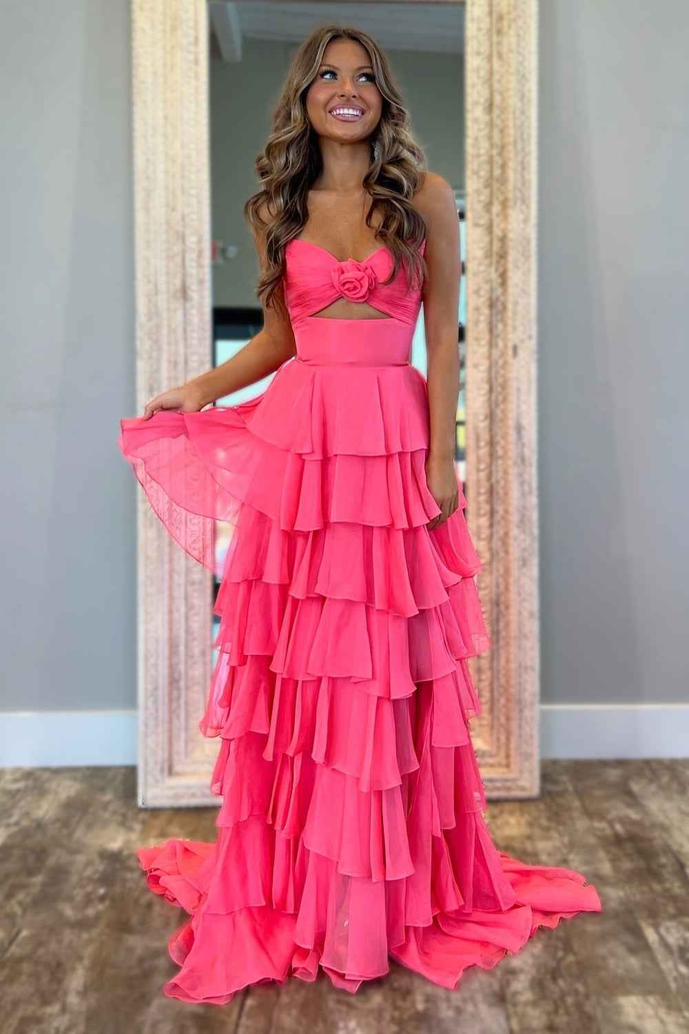 Black Sweetheart Chiffon A-Line Tiered Long Prom Dress with Slit