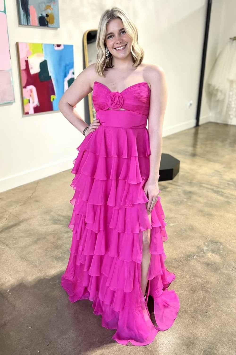 Royal Blue Sweetheart Chiffon A-Line Tiered Long Prom Dress with Slit - BMBRIDAL
