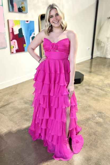 Royal Blue Sweetheart Chiffon A-Line Tiered Long Prom Dress with Slit