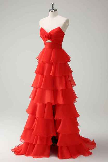 Black Sweetheart Chiffon A-Line Tiered Long Prom Dress with Slit