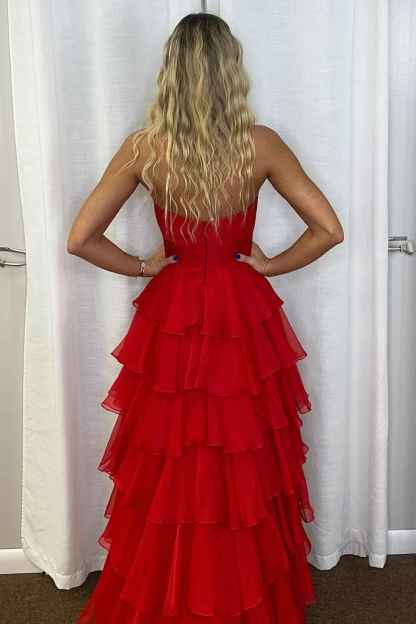 Black Sweetheart Chiffon A-Line Tiered Long Prom Dress with Slit