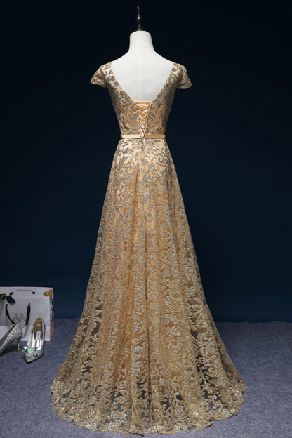 BMbridal Gorgeous Tulle Lace Jewel Gold Prom Dresses Short Sleeves Appliques A-Line Formal Dresses