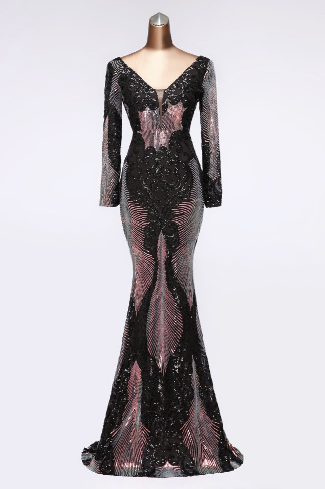 BMbridal Sparkly Sequined V-Neck Mermaid Long Prom Dresses with Long Sleeves Online