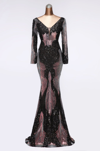 BMbridal Sparkly Sequined V-Neck Mermaid Long Prom Dresses with Long Sleeves Online