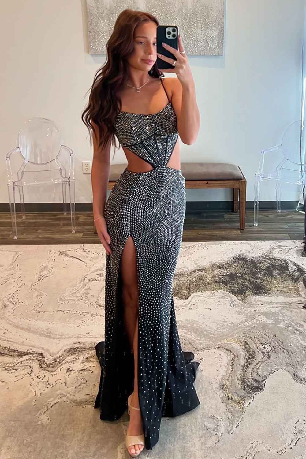 Sparkly Red Spaghetti Straps Cut-out Mermaid Long Prom Dress with Beading