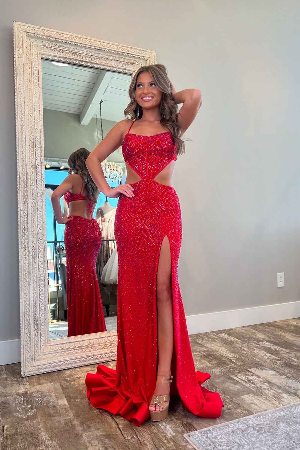 Sparkly Red Spaghetti Straps Cut-out Mermaid Long Prom Dress with Beading