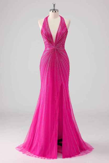 Glitter Fuchsia Halter Neck Beaded Mermaid Long Prom Dress with Slit
