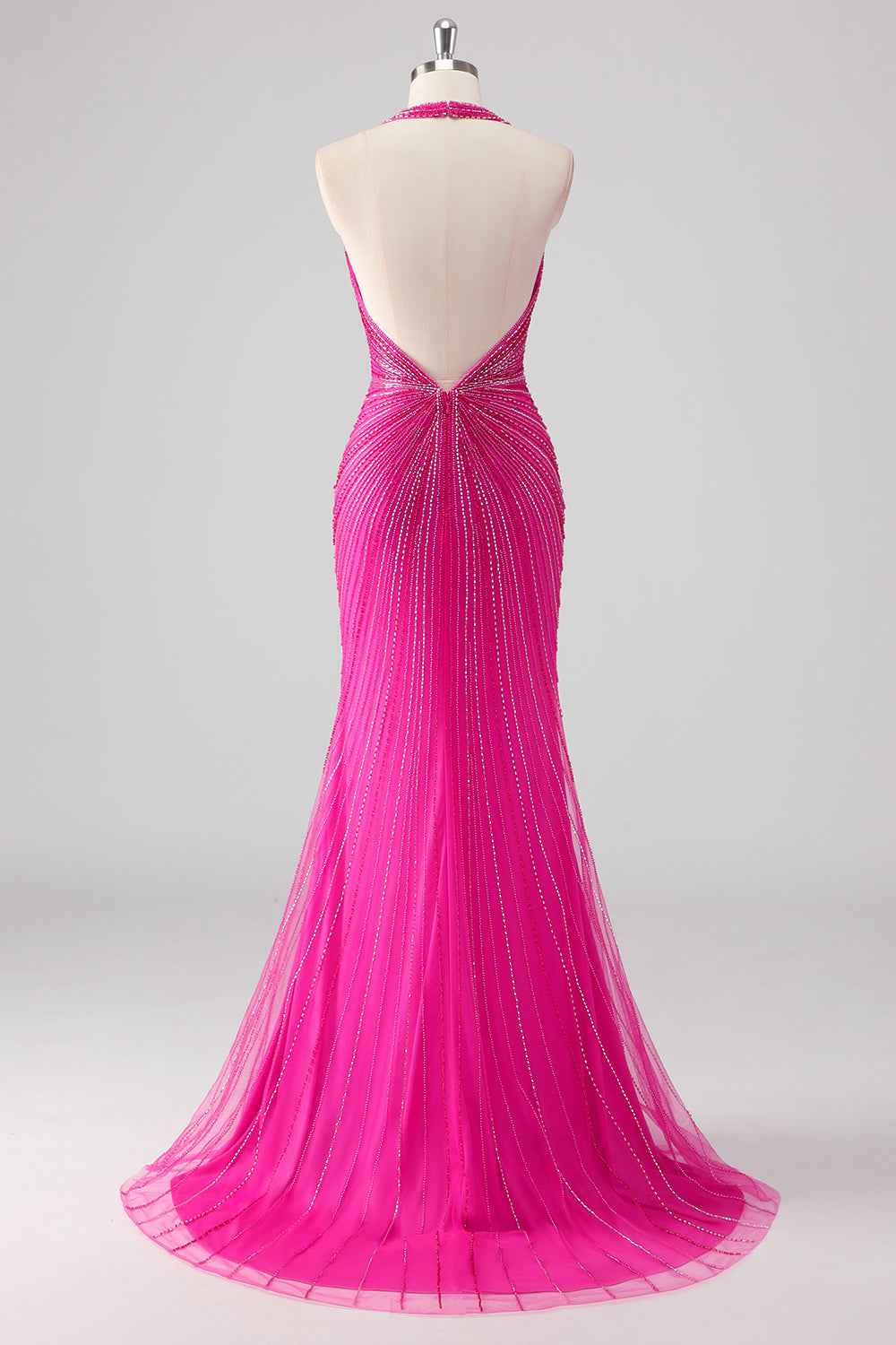 Glitter Fuchsia Halter Neck Beaded Mermaid Long Prom Dress with Slit
