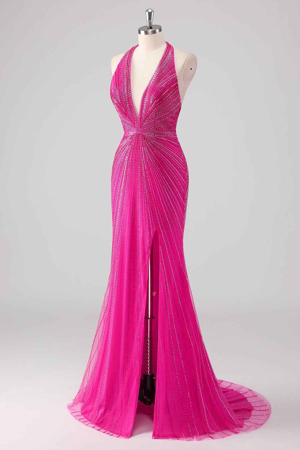 Glitter Fuchsia Halter Neck Beaded Mermaid Long Prom Dress with Slit