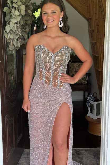 Sparkly Blue Sweetheart Sequins Bodycon Long Corset Prom Dress with Beading