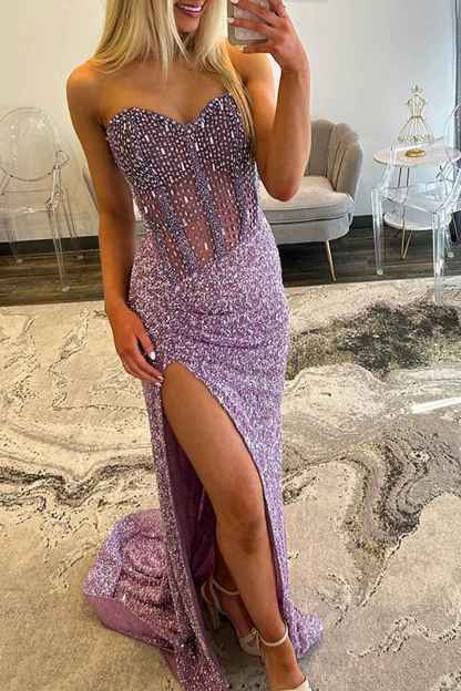 Sparkly Blue Sweetheart Sequins Bodycon Long Corset Prom Dress with Beading