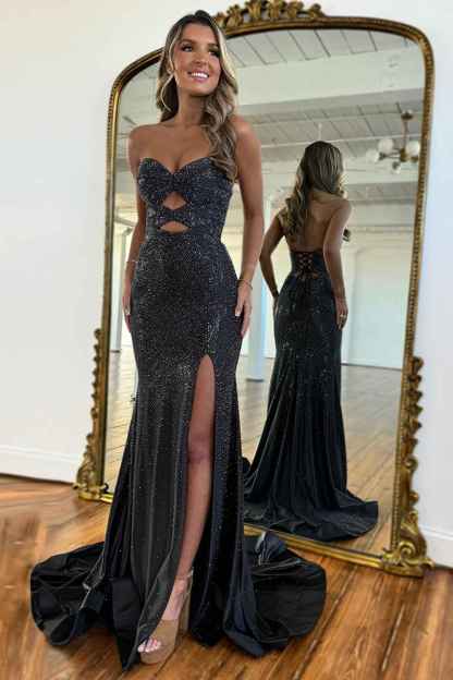 Glitter Yellow Sweetheart Mermaid Cut-out Long Prom Dress with Beading