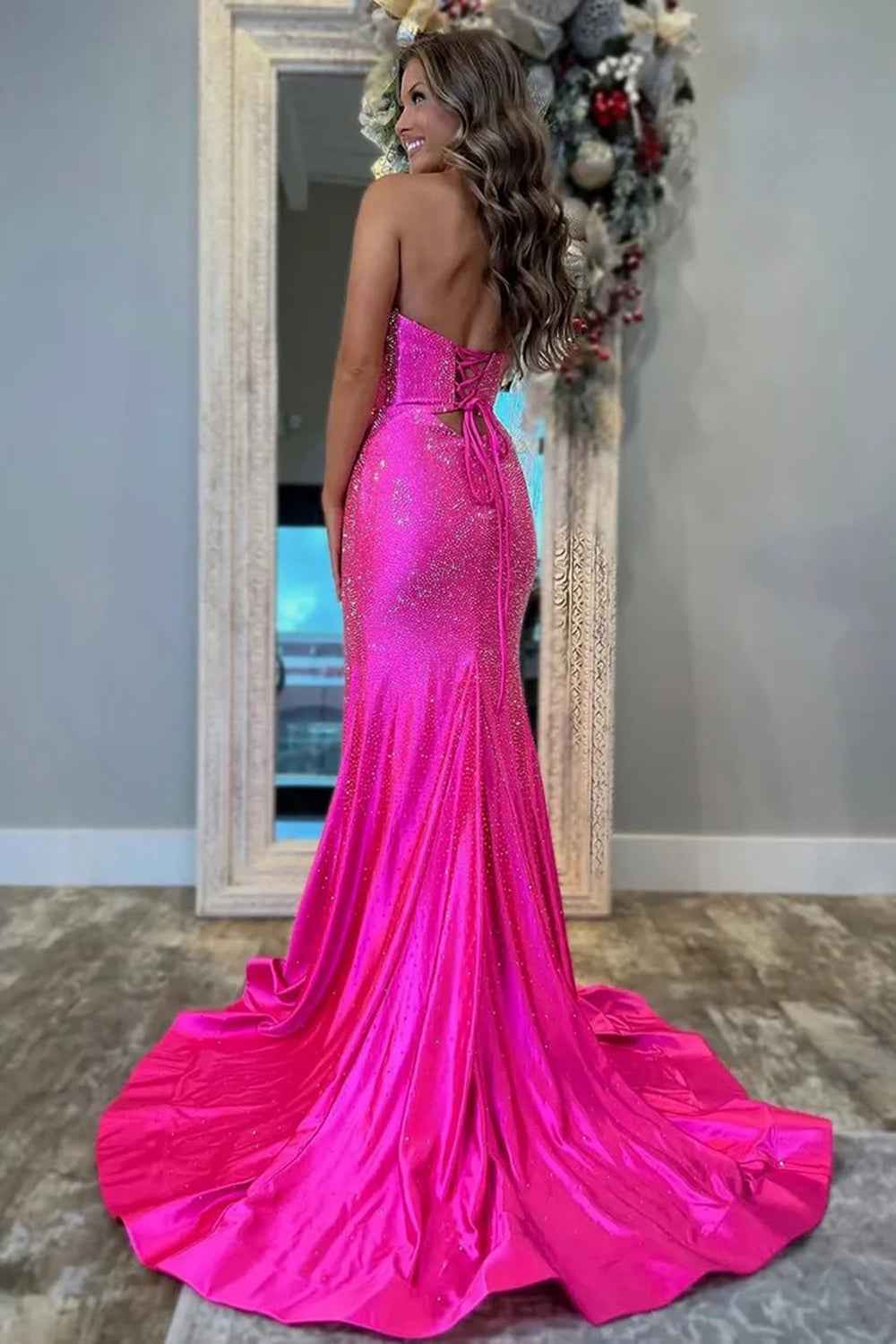 Glitter Yellow Sweetheart Mermaid Cut-out Long Prom Dress with Beading