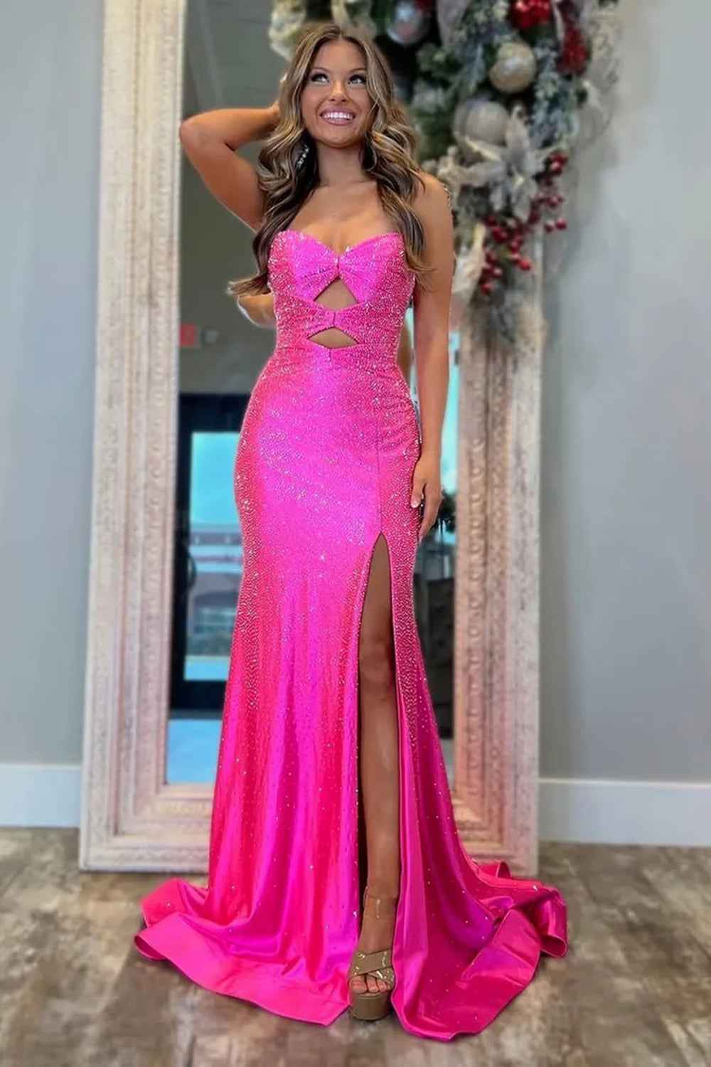 Glitter Yellow Sweetheart Mermaid Cut-out Long Prom Dress with Beading