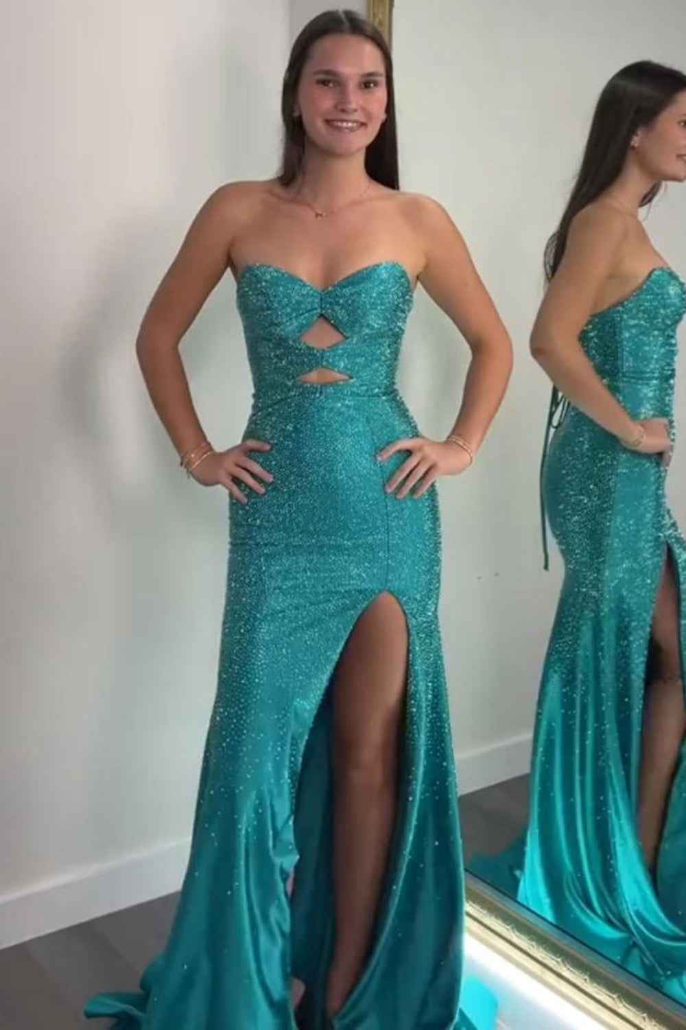 Glitter Yellow Sweetheart Mermaid Cut-out Long Prom Dress with Beading