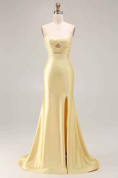 Glitter Yellow Sweetheart Mermaid Cut-out Long Prom Dress with Beading