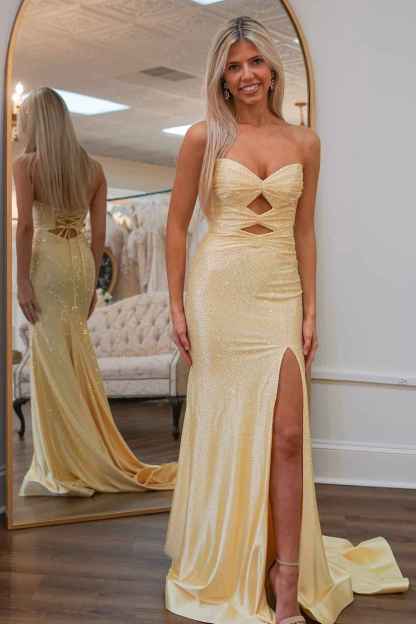 Glitter Yellow Sweetheart Mermaid Cut-out Long Prom Dress with Beading