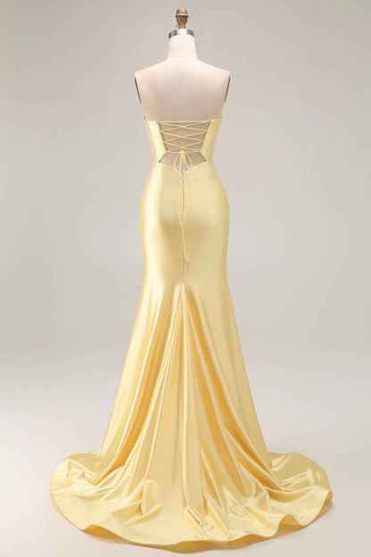 Glitter Yellow Sweetheart Mermaid Cut-out Long Prom Dress with Beading