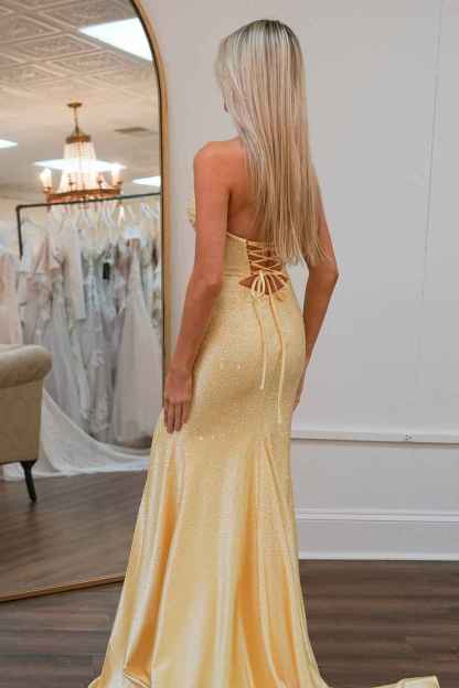 Glitter Yellow Sweetheart Mermaid Cut-out Long Prom Dress with Beading