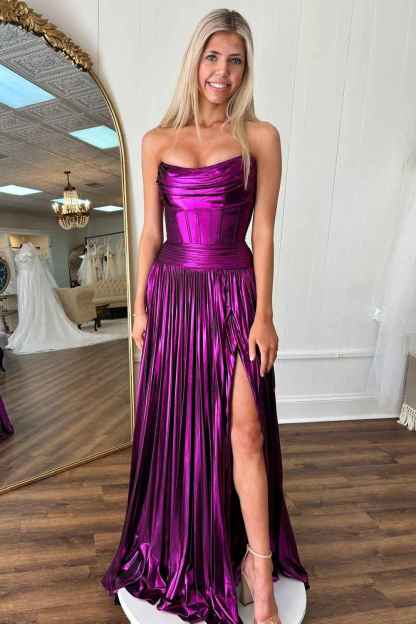Dark Purple Strapless Metallic Pleated A-Line Long Corset Prom Dress with Slit