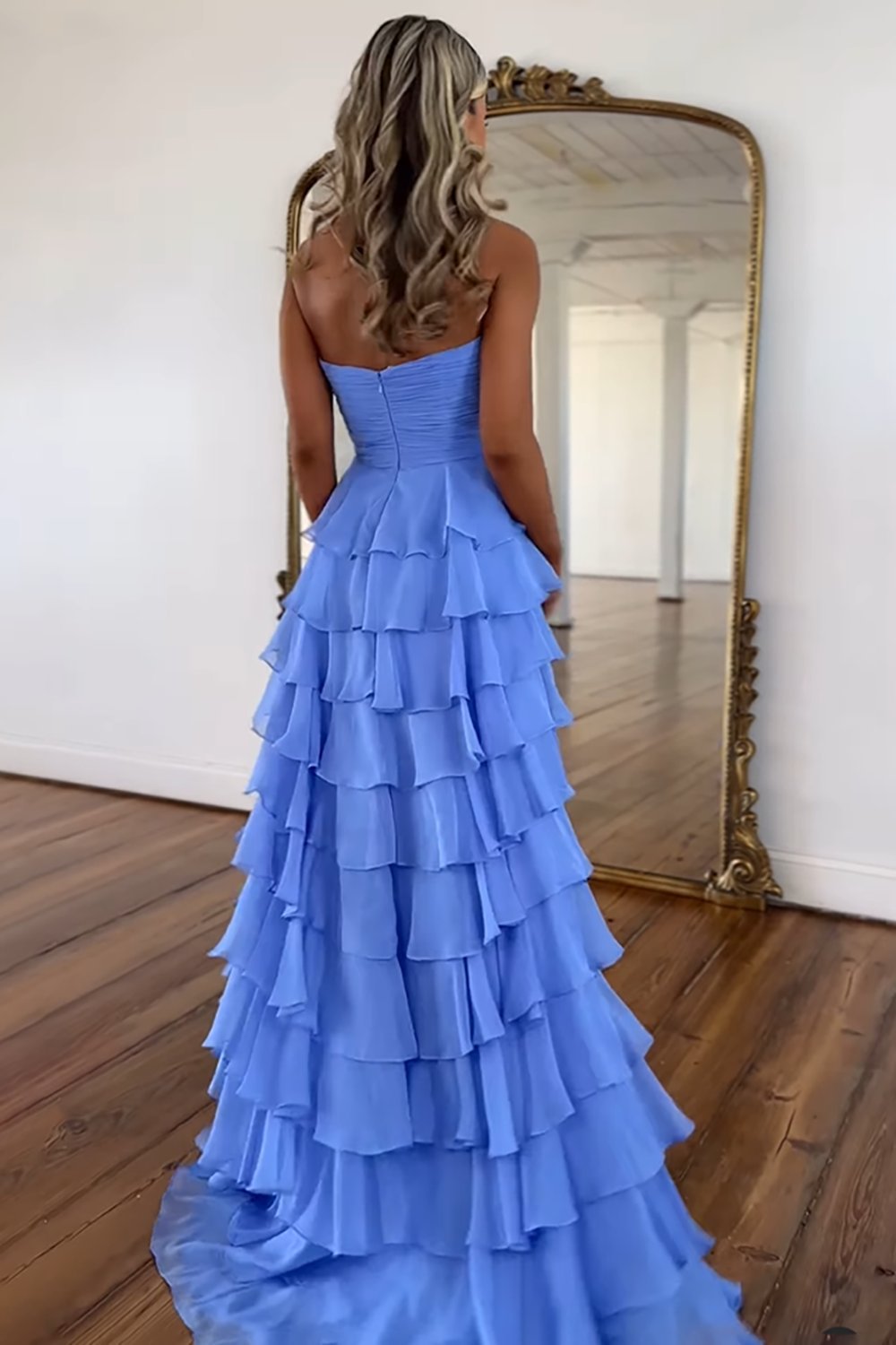 Hot Pink Sweetheart A-Line Chiffon Long Ruffled Prom Dress with Slit