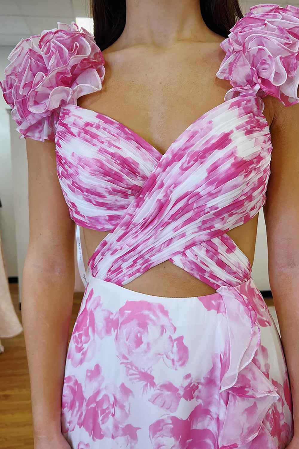 Blue White Flower Printed V-neck A-Line Chiffon Tiered Long Prom Dress with Slit