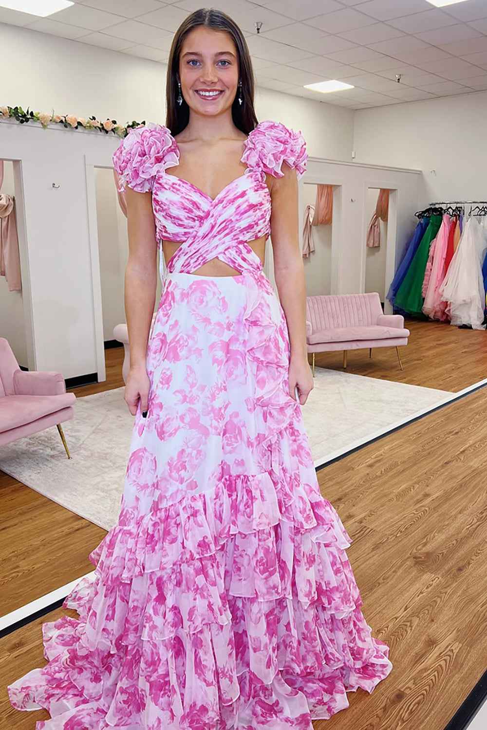 Blue White Flower Printed V-neck A-Line Chiffon Tiered Long Prom Dress with Slit