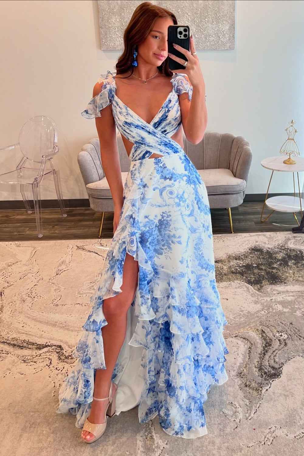 Blue White Flower Printed V-neck A-Line Chiffon Tiered Long Prom Dress with Slit