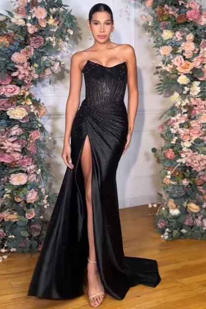 Sparkly Golden Sweetheart Mermaid Beaded Long Corset Prom Dress with Slit