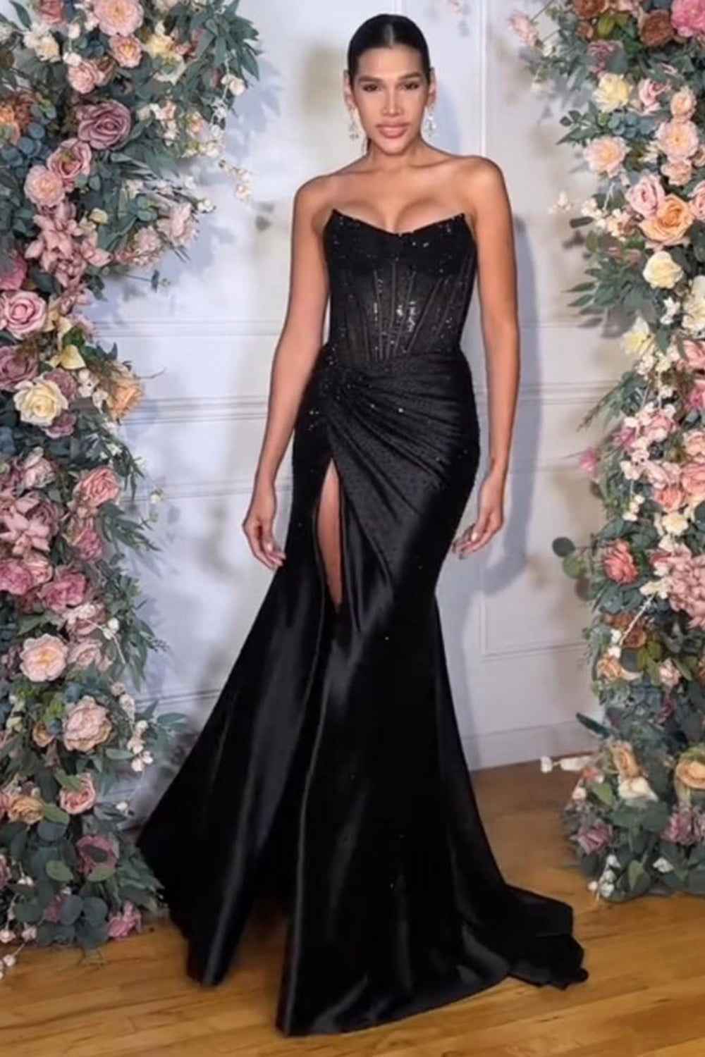 Sparkly Golden Sweetheart Mermaid Beaded Long Corset Prom Dress with Slit