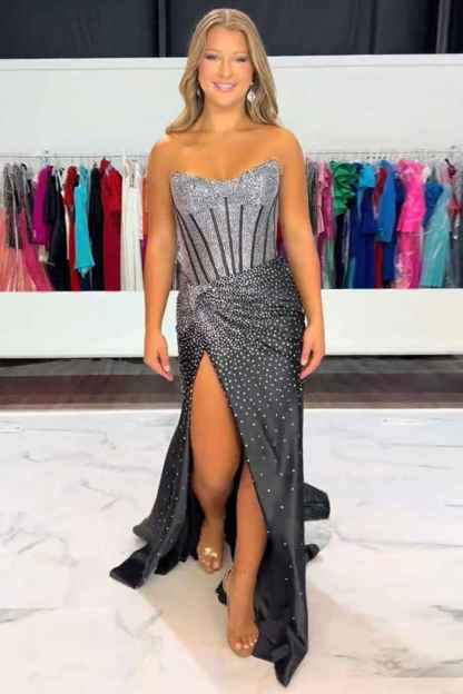 Sparkly Golden Sweetheart Mermaid Beaded Long Corset Prom Dress with Slit