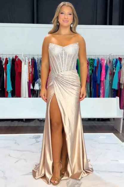 Sparkly Golden Sweetheart Mermaid Beaded Long Corset Prom Dress with Slit