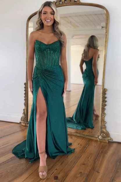 Sparkly Golden Sweetheart Mermaid Beaded Long Corset Prom Dress with Slit