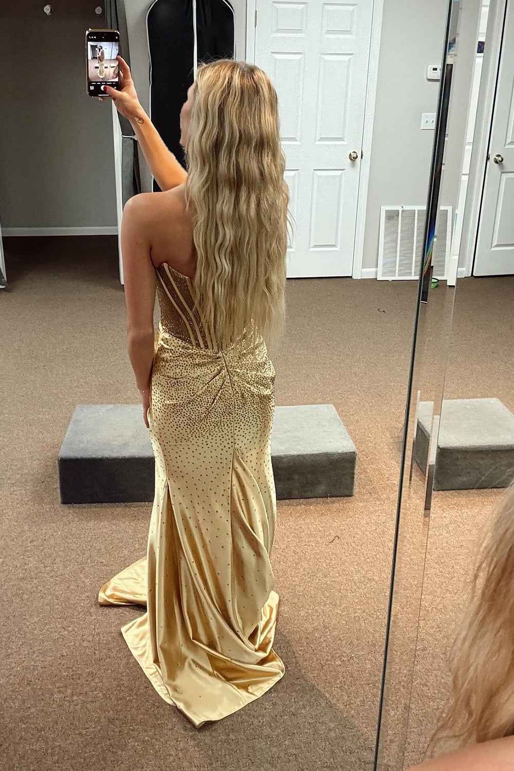Sparkly Golden Sweetheart Mermaid Beaded Long Corset Prom Dress with Slit