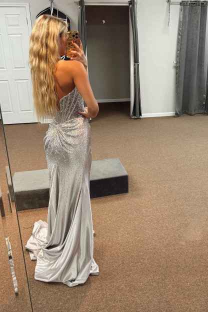 Sparkly Golden Sweetheart Mermaid Beaded Long Corset Prom Dress with Slit