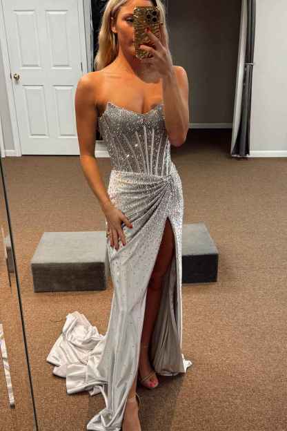 Sparkly Golden Sweetheart Mermaid Beaded Long Corset Prom Dress with Slit