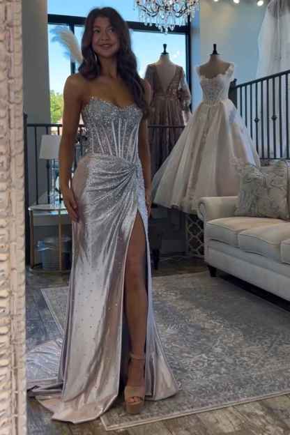 Sparkly Golden Sweetheart Mermaid Beaded Long Corset Prom Dress with Slit