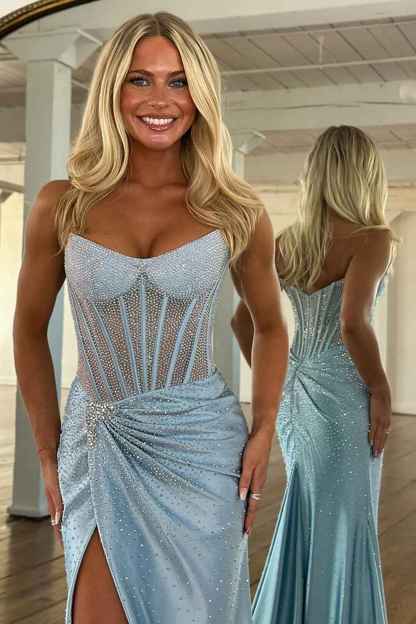 Sparkly Golden Sweetheart Mermaid Beaded Long Corset Prom Dress with Slit