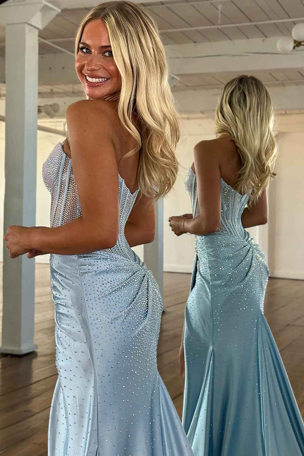 Sparkly Golden Sweetheart Mermaid Beaded Long Corset Prom Dress with Slit