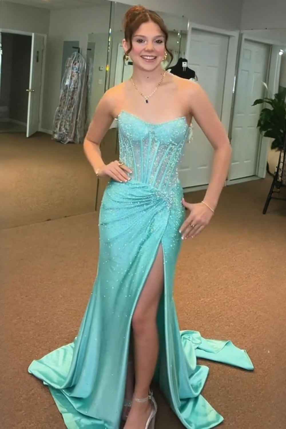 Sparkly Golden Sweetheart Mermaid Beaded Long Corset Prom Dress with S