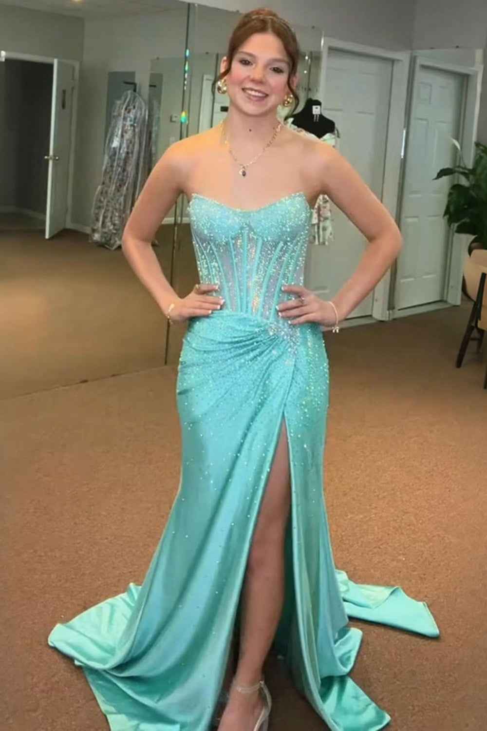 Sparkly Golden Sweetheart Mermaid Beaded Long Corset Prom Dress with Slit