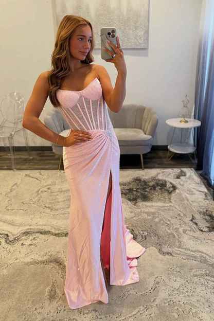 Sparkly Golden Sweetheart Mermaid Beaded Long Corset Prom Dress with Slit