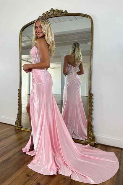 Sparkly Golden Sweetheart Mermaid Beaded Long Corset Prom Dress with Slit